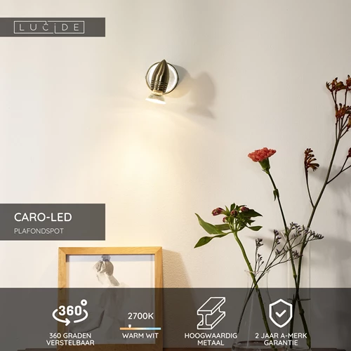 Lucide CARO-LED - Plafondspot - Ø 9 cm - LED - GU10 - 1x5W 2700K - Mat chroom - USP